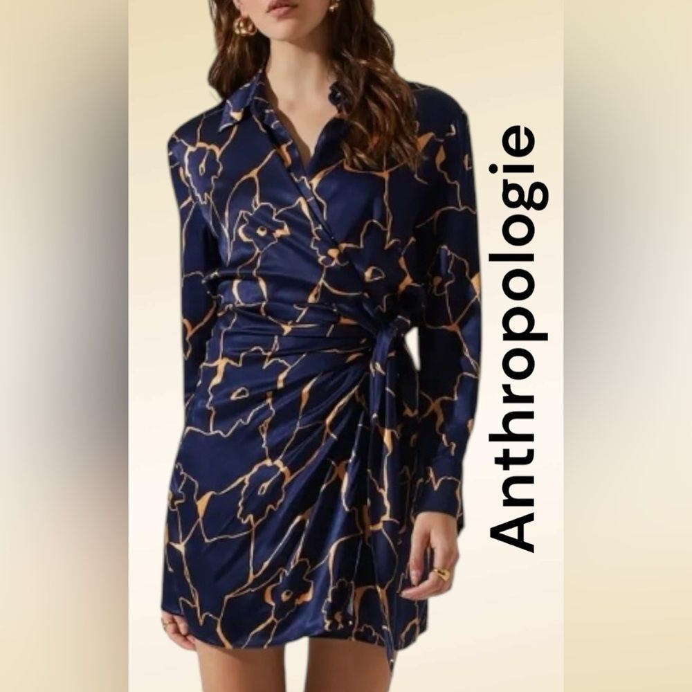 Anthropologie Floral long sleeve Navy & Gold satin Wrap Mini Dress NWTsize S & M